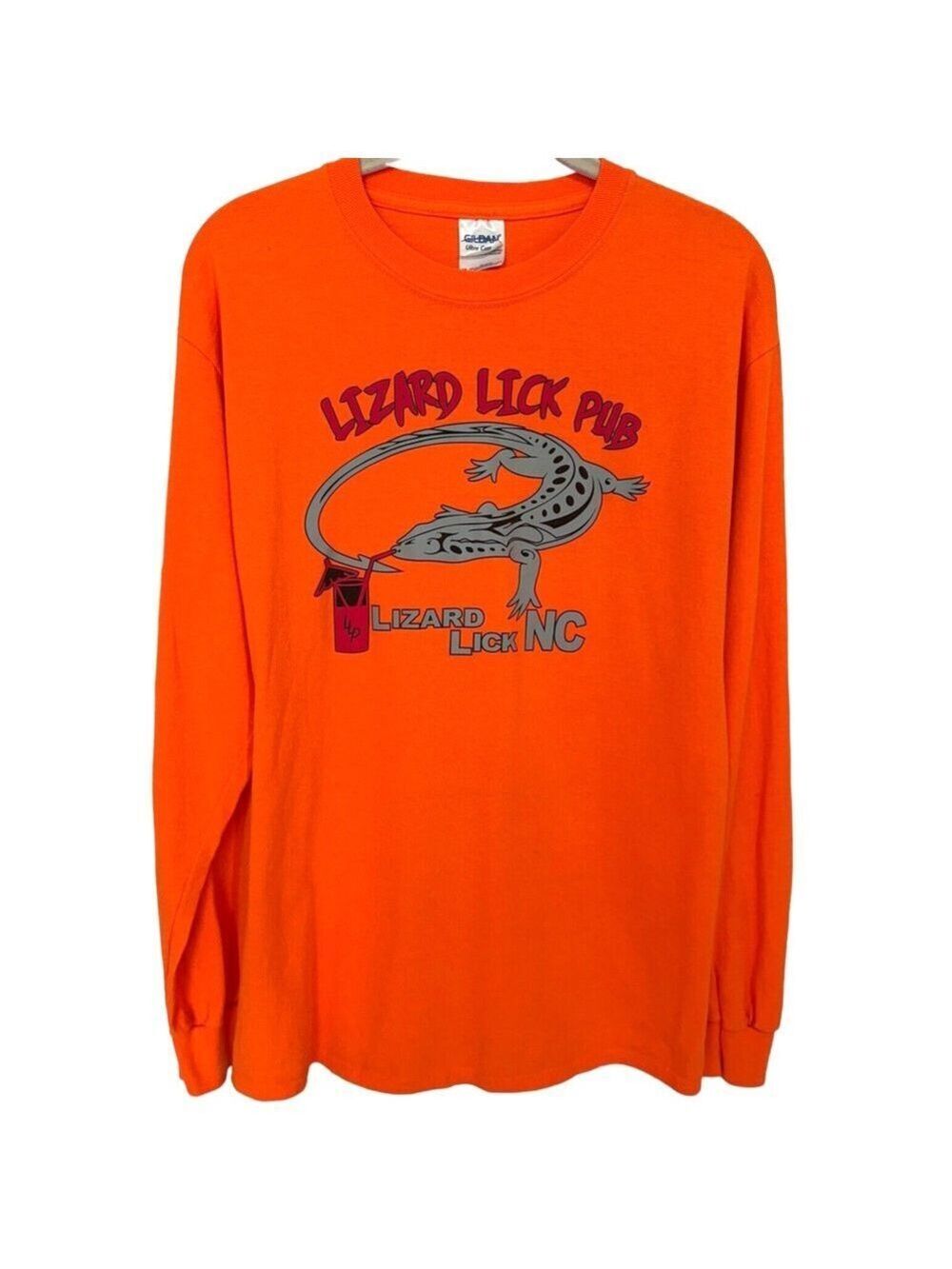 Lizard Lick Pub NC Tee Shirt Sz M Double Sided Graphic Orange Multi Long Sleeve